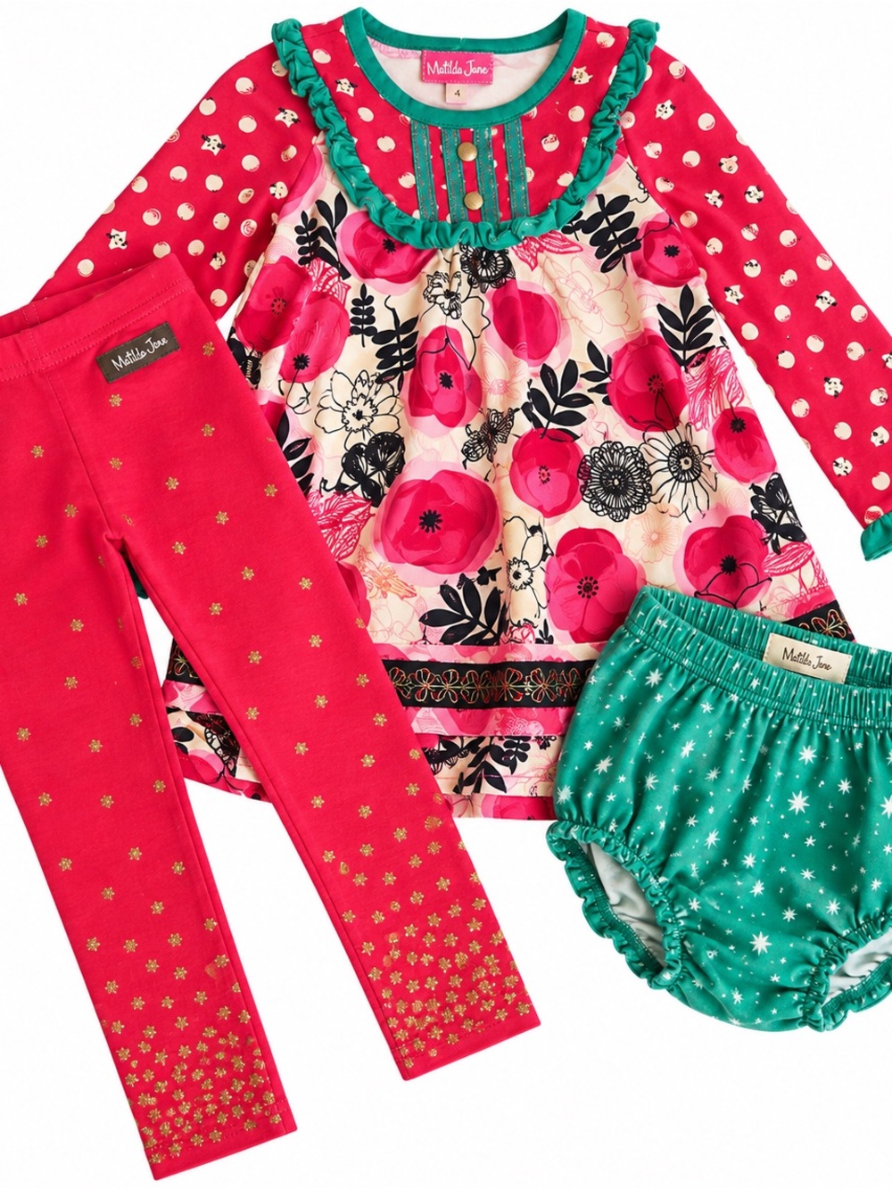 Matilda Jane Pink & Green Floral Tunic Set with Star Bloomer and Leggings